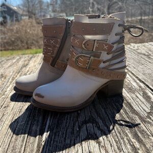 freebird Beige and Brown Buckle Strap Ankle Boots
